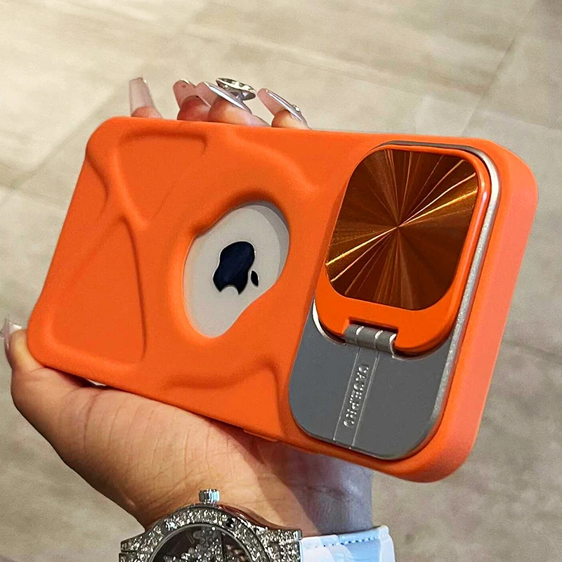 Luxury Flip Lens Bracket Logo Hole Case For iPhone 16 15 13 11 14 12 Pro Max 15 Plus Magsafe Silicone Soft Invisible Stand Cover