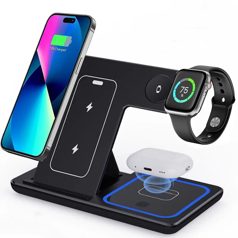 3 In 1 Foldable Wireless Charger Stand For iPhone 15 14 13 12 Pro Max Mini iWatch AirPods 3/2 Fast Charging Station Dock Holder