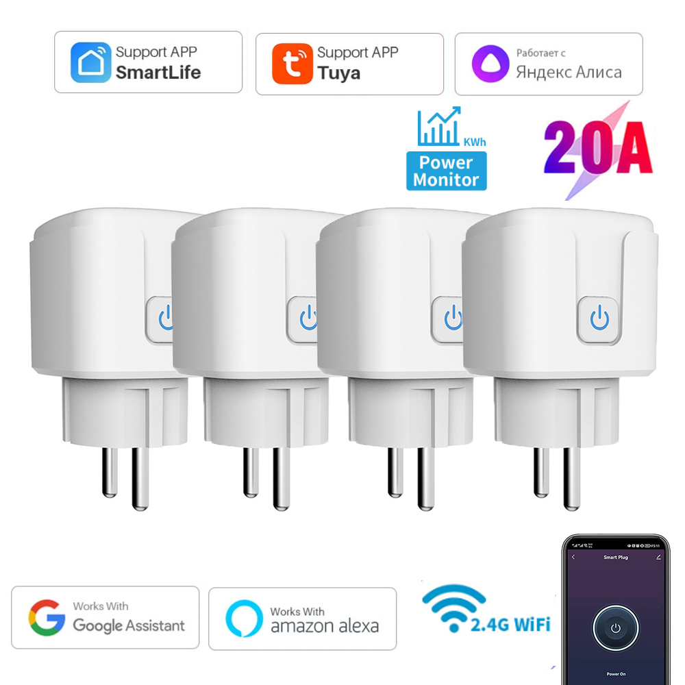 Tuya 16A,20A Smart Plug WiFi Socket EU Power Monitoring Timing Function Works with Alexa, Google Home, Alice, Smart Life Home